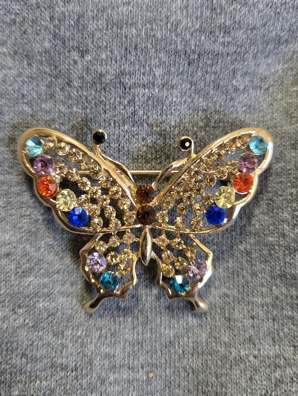 Gold Tone Multicolored Rhinestone Butterfly Brooch Pin Rainbow Colorful Sparkle